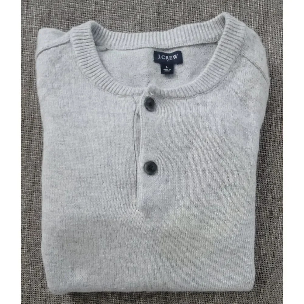 J. Crew Men's Lambswool Blend Light Grey Henley Pullover‎ Sweater Size Large